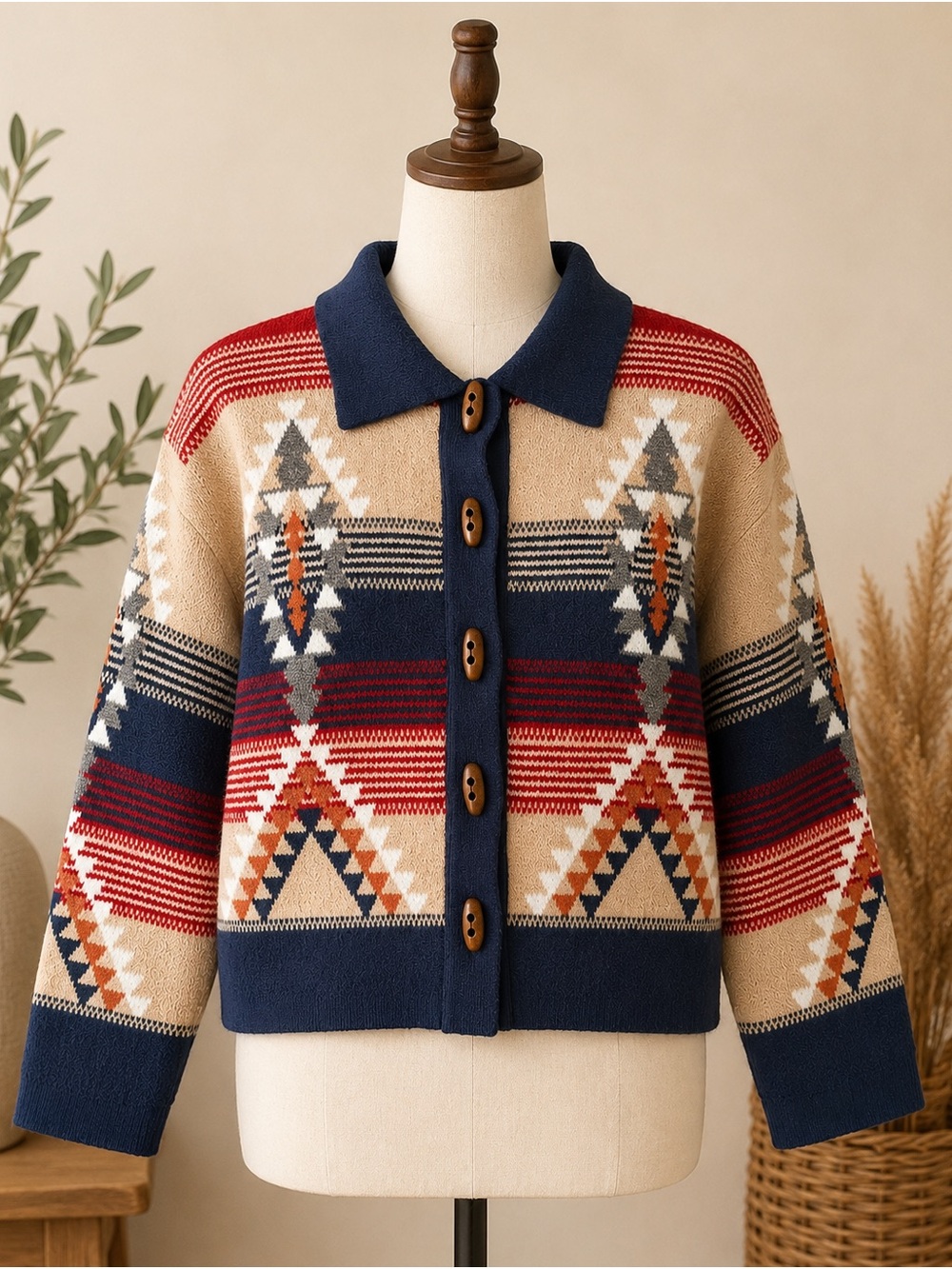 Alicedudu Geometric Southwestern Aztec Knit Cozy Cardigan Sweater Boho Western